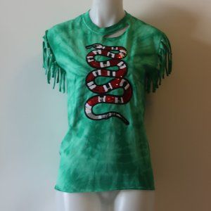 NWT Womens Hi Gorgeous Green Tie Dye Fringe Tank W/Sequin Snake Sz S *
